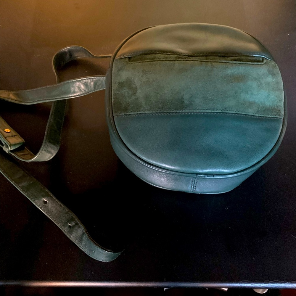 Hunter Green Suede And Leather 9 Inch Bag with With 40 inch strap.